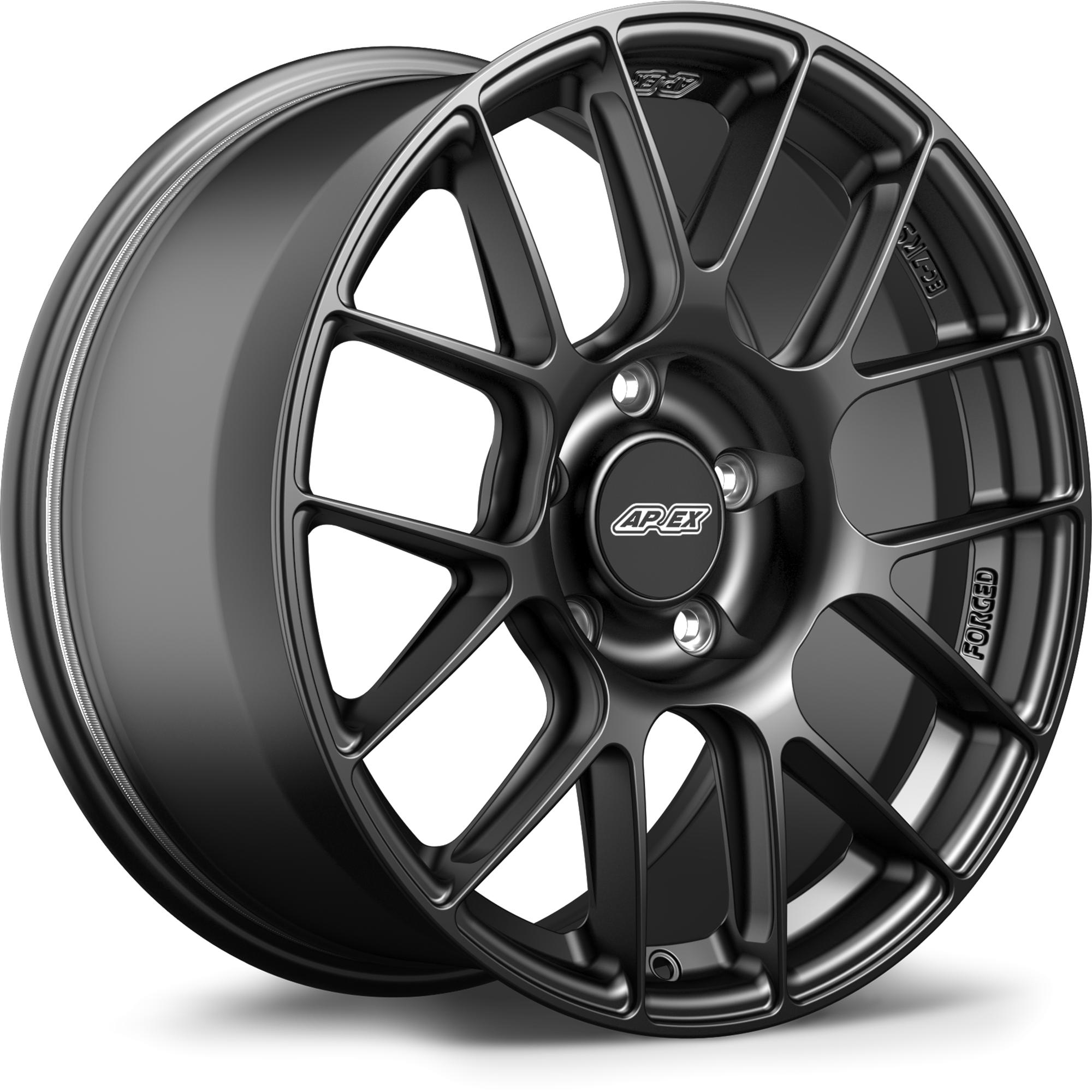 Matte black alloy wheel with multi-spoke design and center cap, isolated on white background - APEX Wheels wheel for 18x9 ET46 5x130 - Satin Black