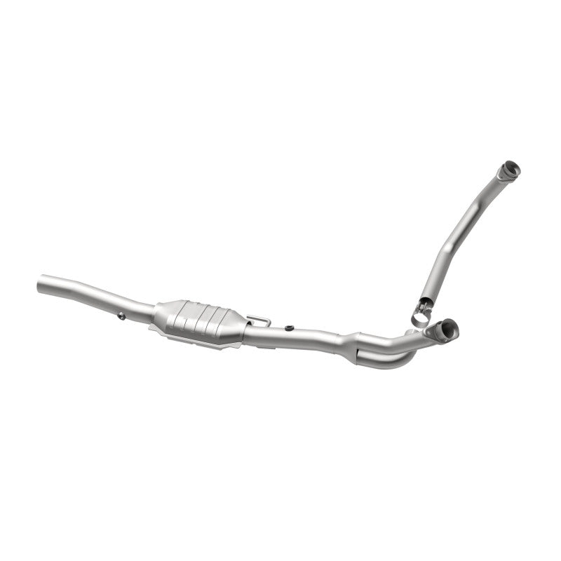 MagnaFlow 4451215 carb direct-fit catalytic converter, opposite rear three-quarter view of the turntable spin