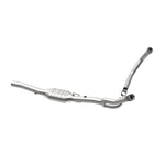 MagnaFlow 4451215 carb direct-fit catalytic converter, opposite rear three-quarter view of the turntable spin