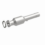 MagnaFlow 21-989 oem grade direct-fit catalytic converter, front three-quarter view of the turntable spin