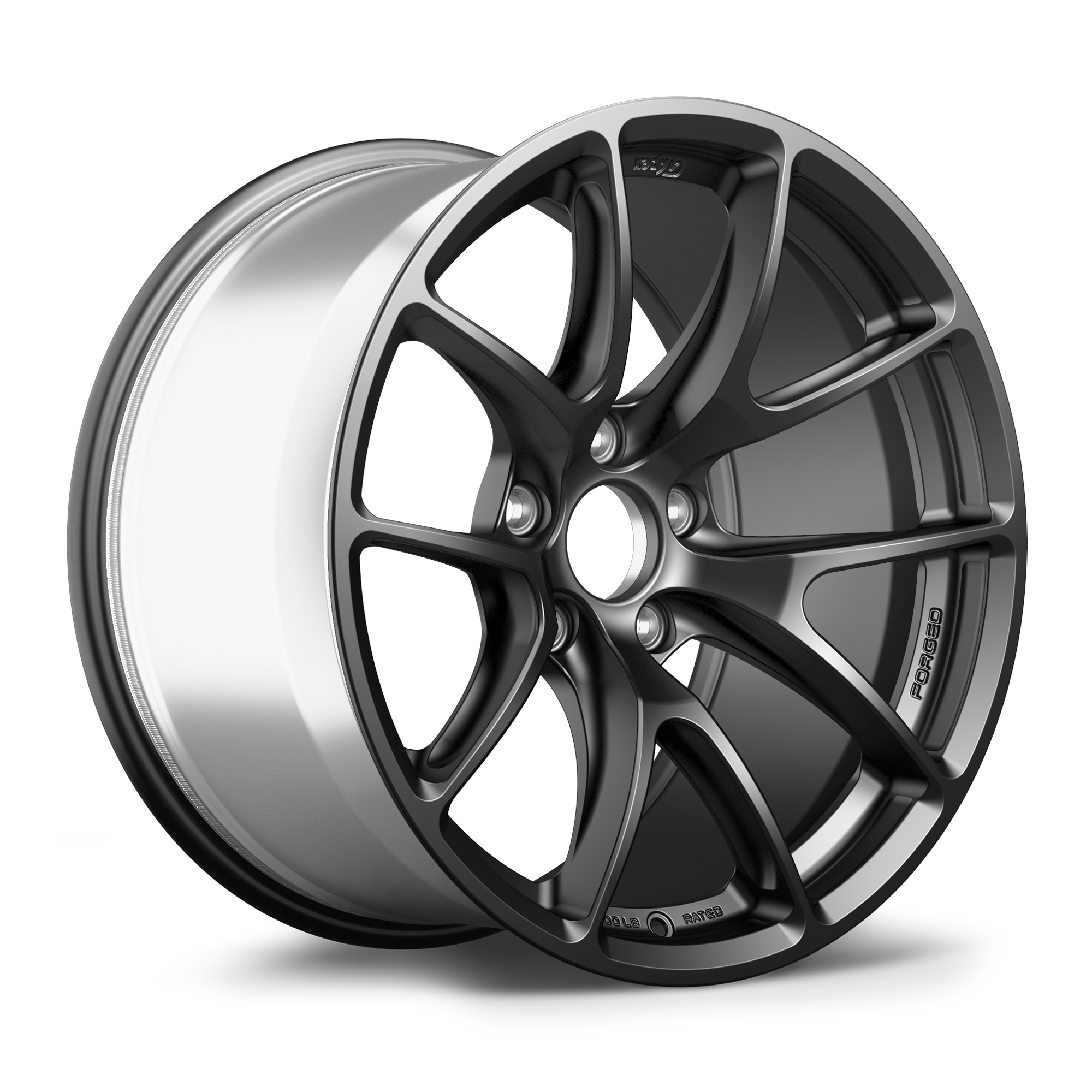 Dark gunmetal finished alloy wheel with complex multi-spoke design and polished barrel on white background - APEX Wheels wheel for 20x11 ET23 5x114.3 - Satin Black