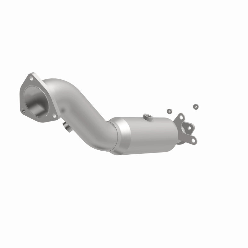 MagnaFlow 5561477 carb direct-fit catalytic converter, opposite front three-quarter view of the turntable spin