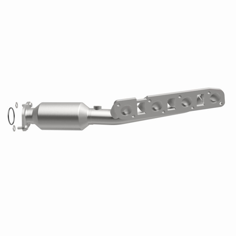MagnaFlow 22-035 oem grade manifold converter, opposite front three-quarter view of the turntable spin
