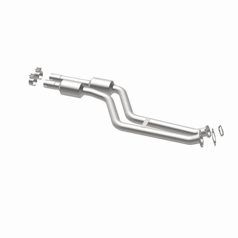 MagnaFlow 5571725 carb direct-fit catalytic converter, opposite rear three-quarter view of the turntable spin