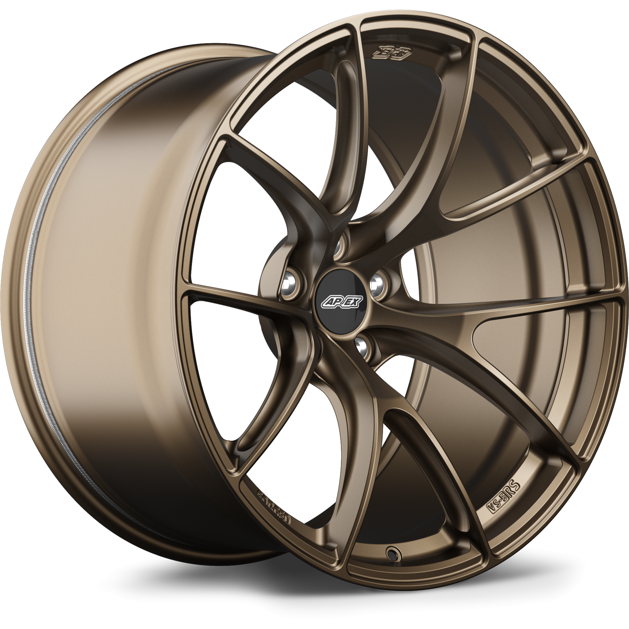 Bronze finished alloy wheel with five-spoke design and black center cap on white background - APEX Wheels wheel for 20x11.5 ET3 5x115 - Satin Bronze