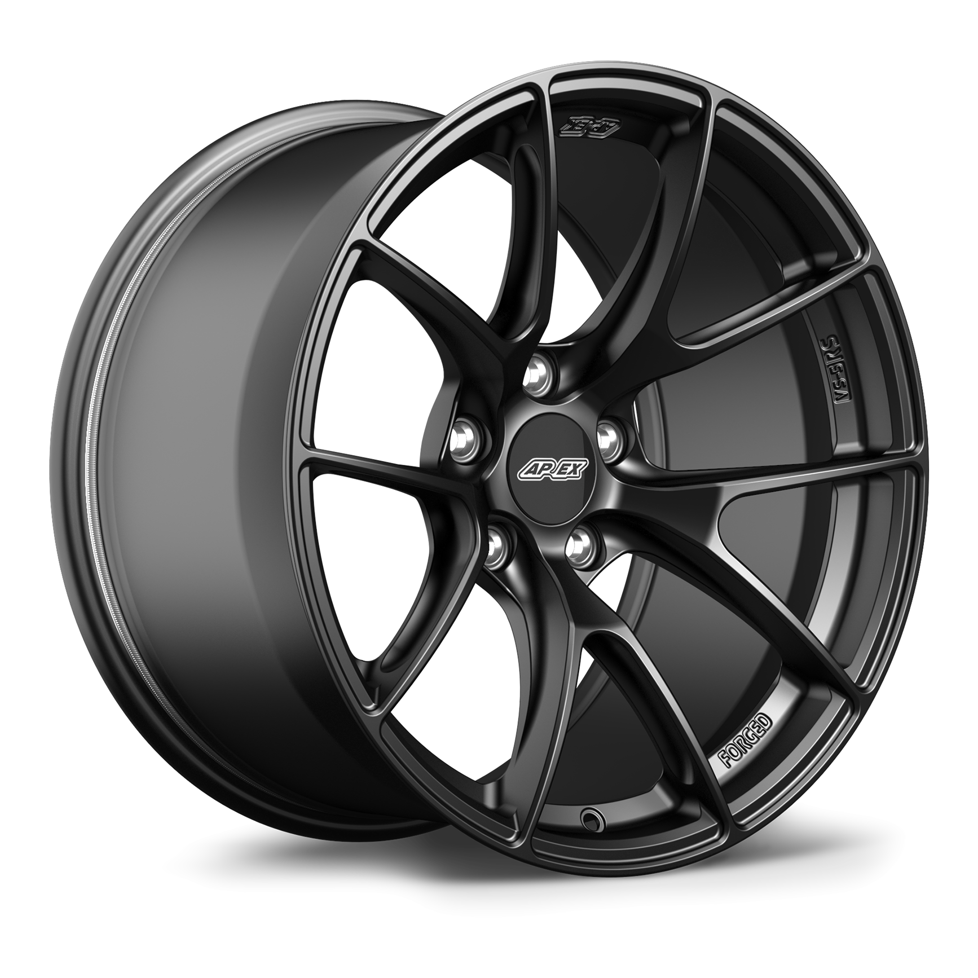 Single black alloy wheel with five-spoke design and center cap, displayed at three-quarter angle on white background - APEX Wheels wheel for 18x11 ET44 5x120 - Satin Black