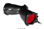 Black carbon fiber air intake tube assembly with red pleated filter element and mounting brackets - Eventuri air intake system for Porsche GT3RS