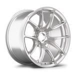 Silver alloy wheel with split five-spoke design and polished finish on white background - APEX Wheels wheel for 19x13.25 ET30 5x120 - Race Silver