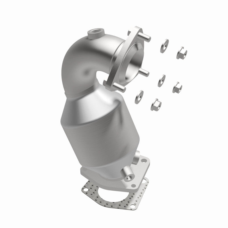 MagnaFlow 4561084 carb direct-fit catalytic converter, opposite front three-quarter view of the turntable spin
