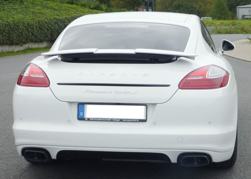 White Porsche Panamera 970 rear view fitted with Capristo valved exhaust and quad tips