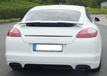 White Porsche Panamera 970 rear view fitted with Capristo valved exhaust and quad tips