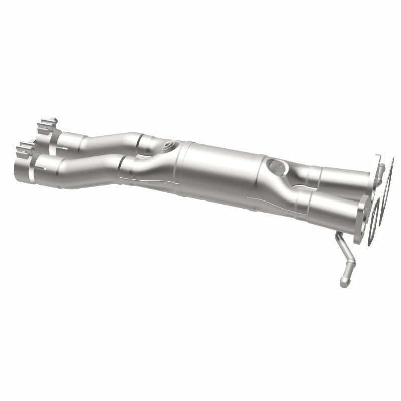MagnaFlow 557020 carb direct-fit catalytic converter, opposite rear three-quarter view of the turntable spin