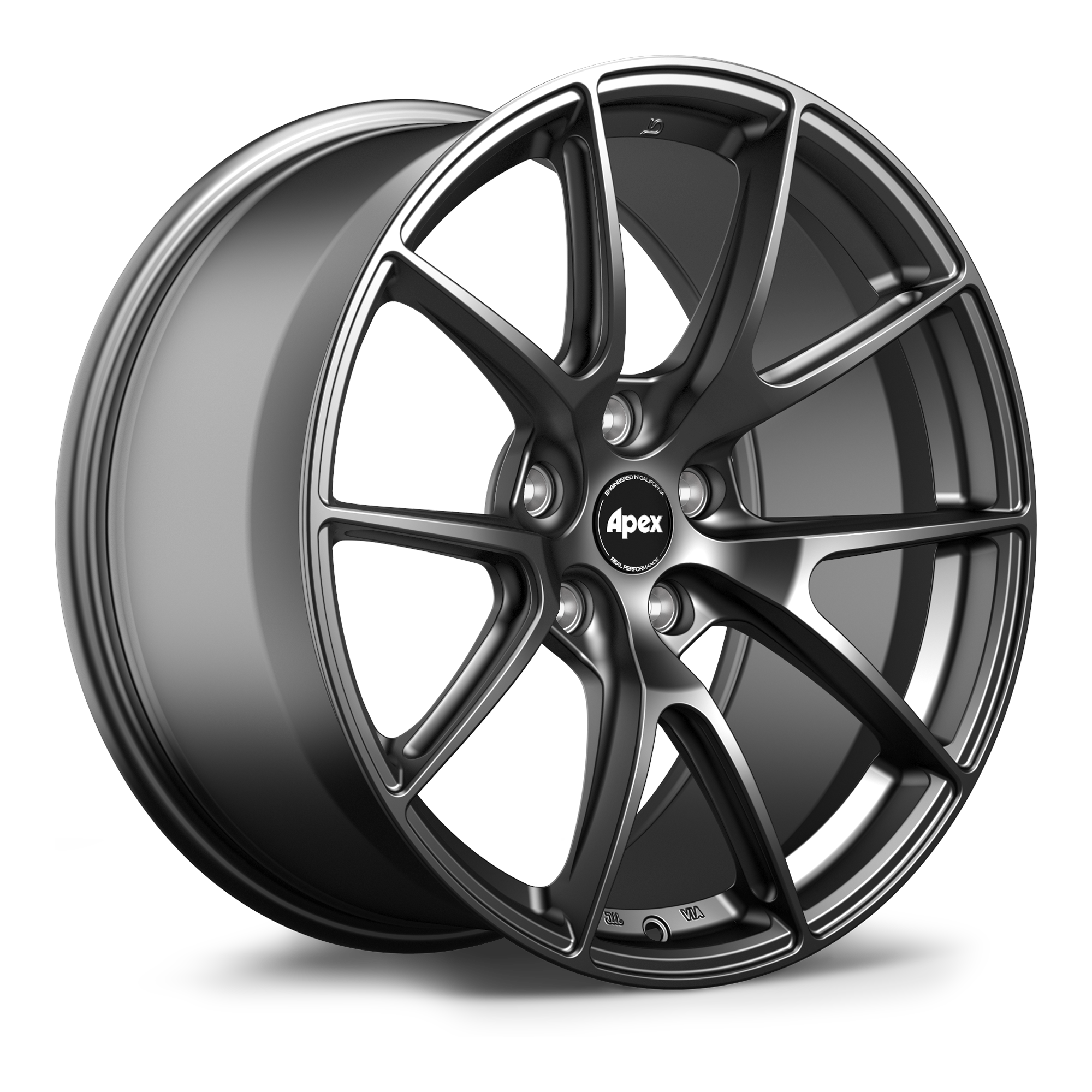 Dark gunmetal alloy wheel with ten-spoke design and machined face accents on white background - APEX Wheels wheel for 19x11 ET52 5x114.3 - Satin Black