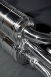 Capristo Ferrari 348 valved exhaust close-up of muffler joints and polished stainless pipes