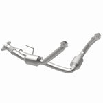 MagnaFlow 4651709 carb direct-fit catalytic converter, opposite rear three-quarter view of the turntable spin