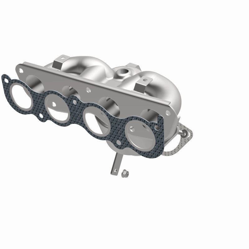 MagnaFlow 22-237 oem grade manifold converter, opposite front three-quarter view of the turntable spin