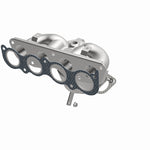MagnaFlow 22-237 oem grade manifold converter, opposite front three-quarter view of the turntable spin