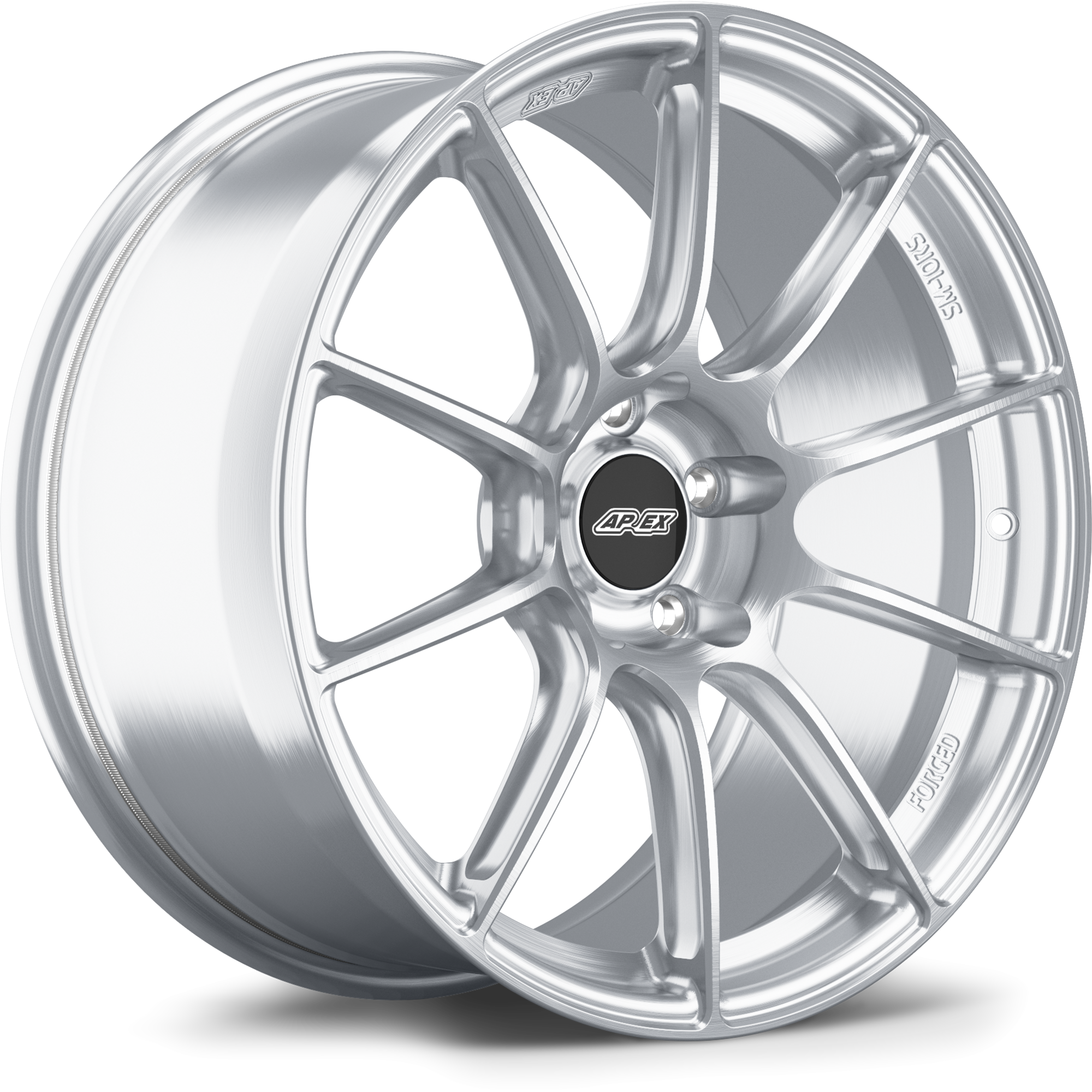 Silver forged aluminum wheel with ten-spoke design and black center cap on white background - APEX Wheels wheel for 19x9 ET25 5x112 - Brushed Clear