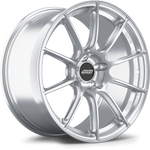 Silver forged aluminum wheel with ten-spoke design and black center cap on white background - APEX Wheels wheel for 19x9 ET25 5x112 - Brushed Clear