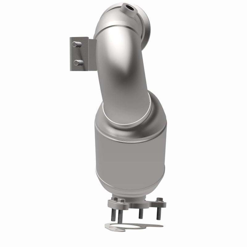 MagnaFlow 551132 carb direct-fit catalytic converter, opposite rear three-quarter view of the turntable spin