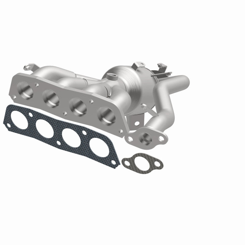 MagnaFlow 22-258 oem grade manifold converter, opposite front three-quarter view of the turntable spin