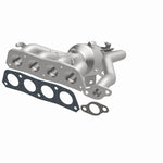 MagnaFlow 22-258 oem grade manifold converter, opposite front three-quarter view of the turntable spin