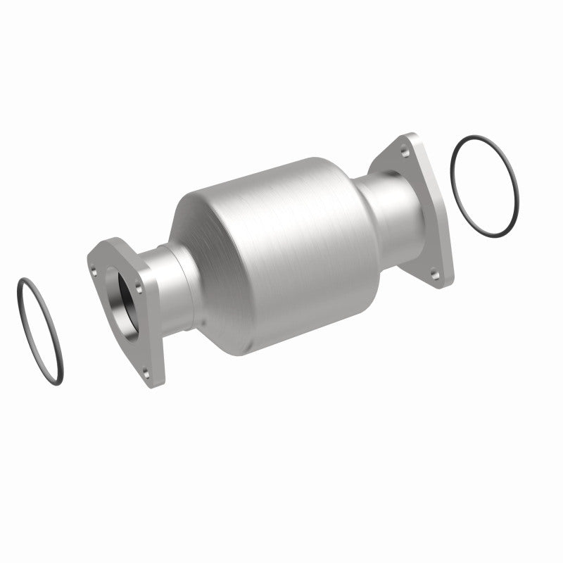 MagnaFlow 5592862 carb direct-fit catalytic converter, front three-quarter view of the turntable spin