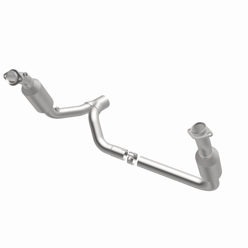 MagnaFlow 5451711 carb direct-fit catalytic converter, opposite front three-quarter view of the turntable spin