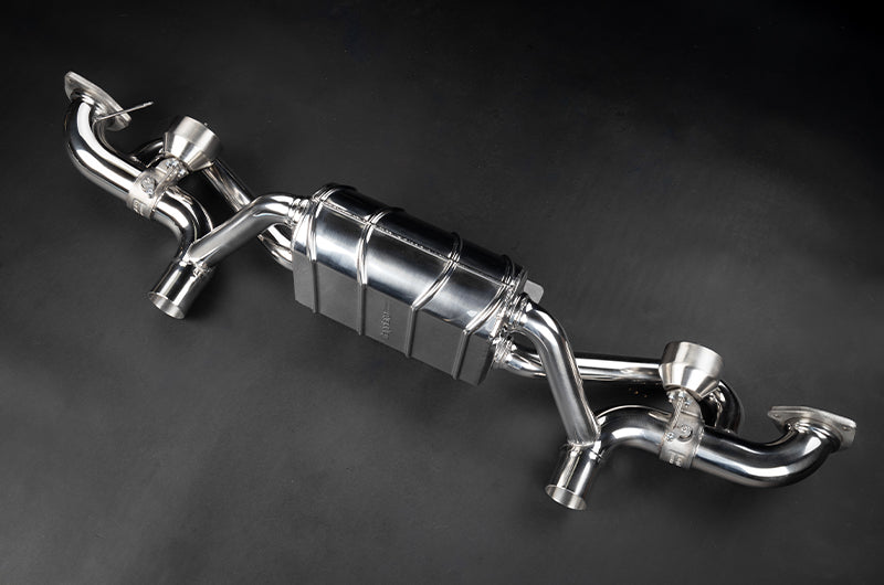 Capristo 718 GT4 RS valved muffler, angled view