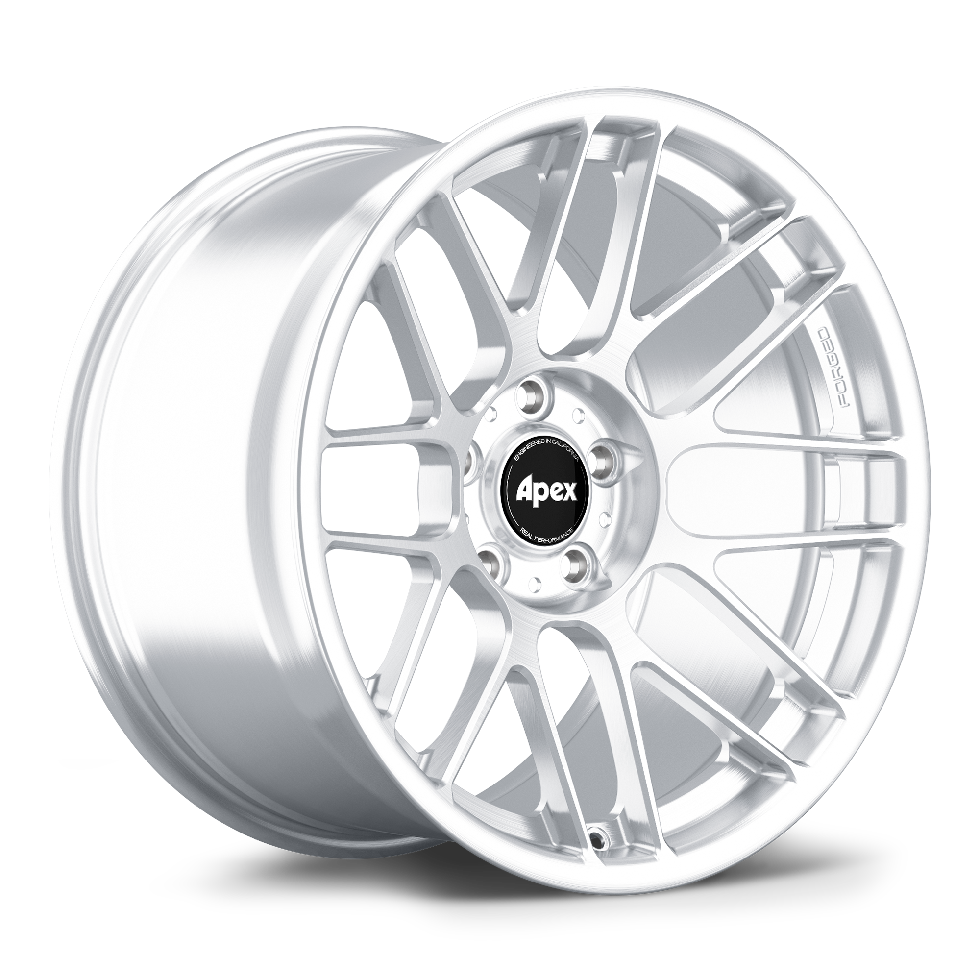 Silver aluminum wheel with multi-spoke design featuring black center cap with white logo on clean white background - APEX Wheels wheel for 18x10.5 ET22 5x120 - Brushed Clear