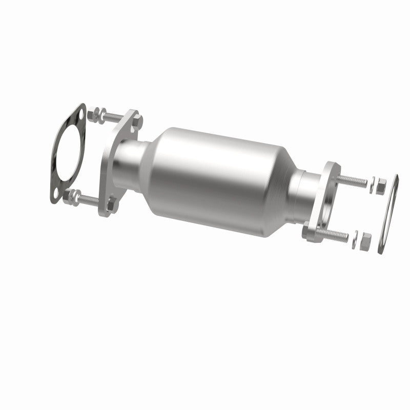 MagnaFlow 5571858 carb direct-fit catalytic converter, opposite rear three-quarter view of the turntable spin