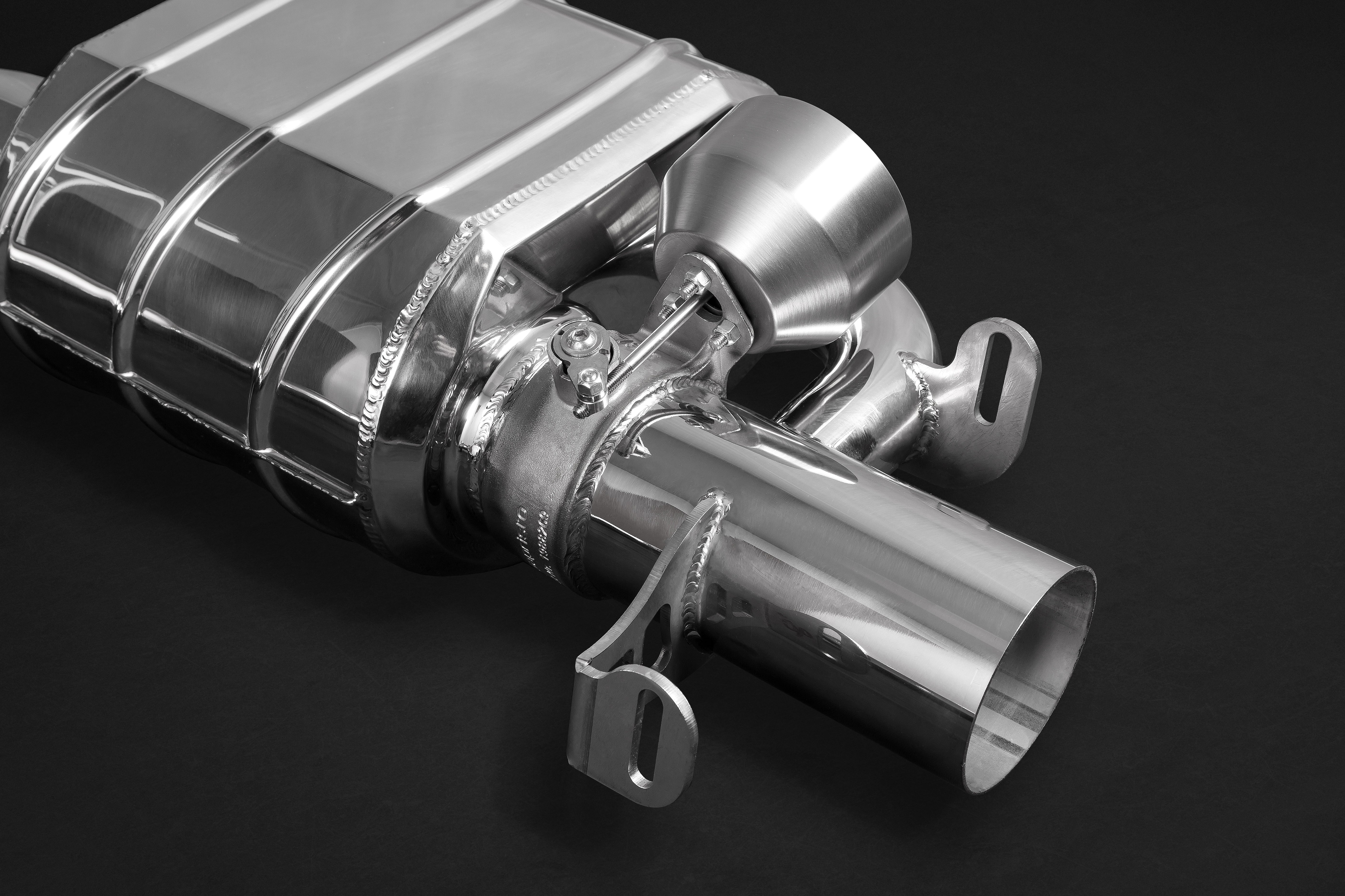 Close-up of Capristo E63 S valved muffler and outlet