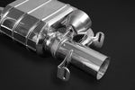 Close-up of Capristo E63 S valved muffler and outlet