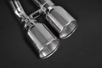 Close-up of polished round twin tips with logo on the Capristo BMW M2 F87 exhaust