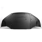 Studio overhead view of dry carbon fiber aeroshield panel with curved aerodynamic profile, twill weave finish, and pre-drilled mounting holes across the surface - SilverRocket Ultra Downforce Front Aeroshield Porsche 718 GT4 RS