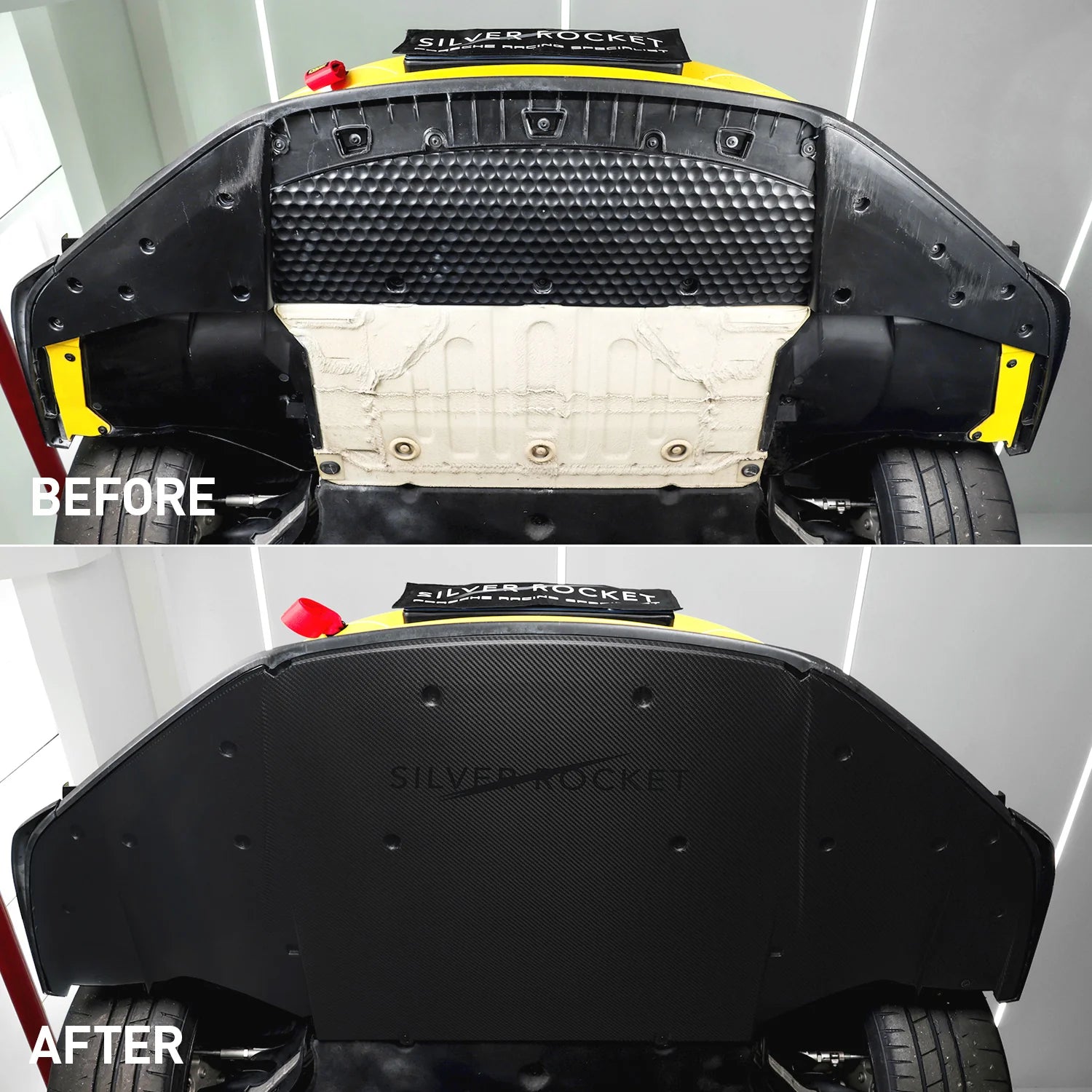 Before and after split comparison of front underbody — exposed factory aluminum tub above a fitted dry carbon fiber panel covering the underside - SilverRocket Ultra Downforce Front Aeroshield Porsche 718 GT4 RS