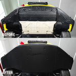 Before and after split comparison of front underbody — exposed factory aluminum tub above a fitted dry carbon fiber panel covering the underside - SilverRocket Ultra Downforce Front Aeroshield Porsche 718 GT4 RS