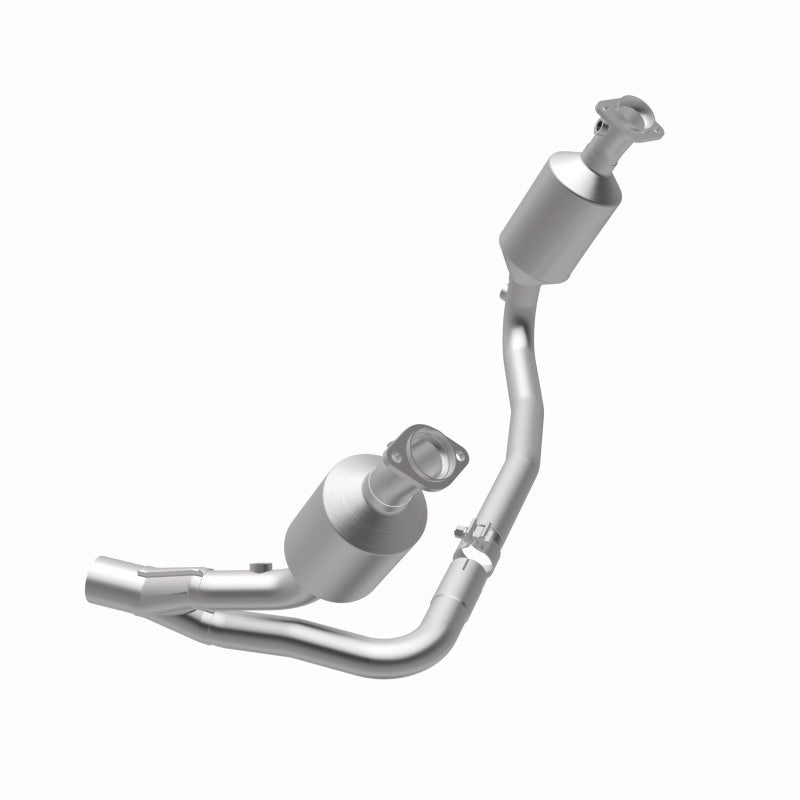 MagnaFlow 4651658 carb direct-fit catalytic converter, opposite rear three-quarter view of the turntable spin