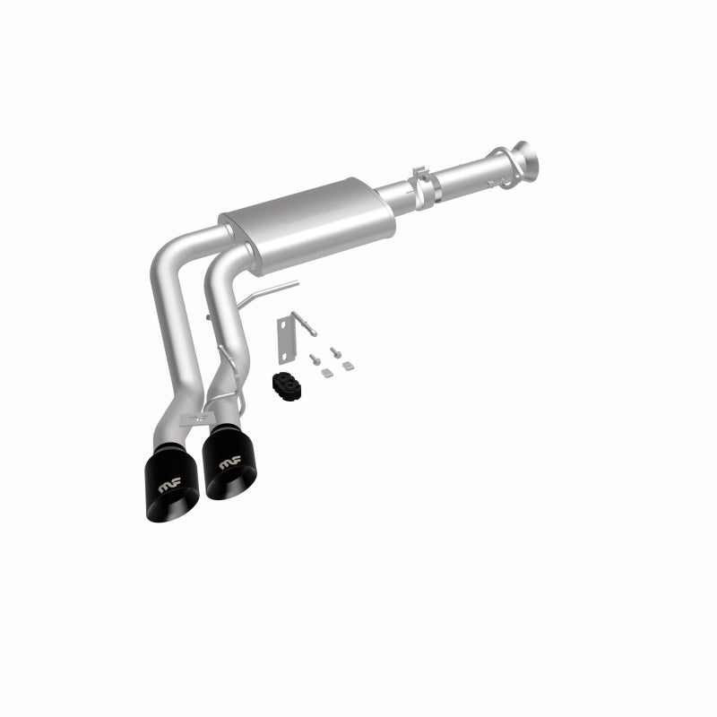 MagnaFlow 19835 speq series cat-back exhaust, front three-quarter view of the turntable spin