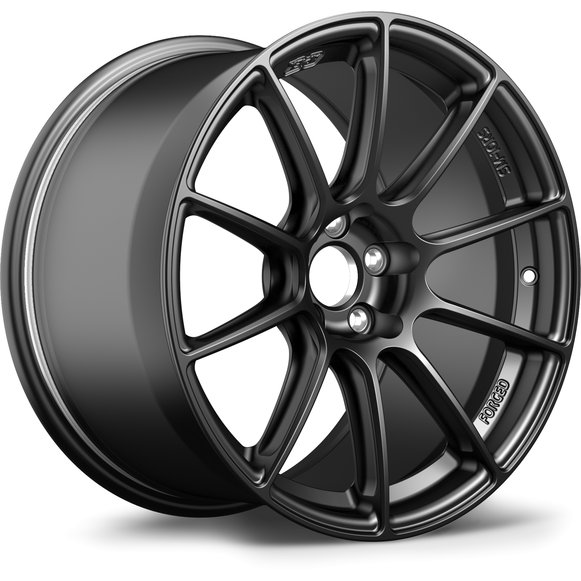 Matte gunmetal alloy wheel with ten-spoke design and five-bolt pattern on white background - APEX Wheels wheel for 17x9.5 ET51 5x114.3 - Satin Black