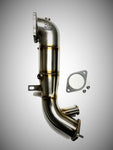 A top vertical view of Brushed Evolution Raceworks Competition Series 4" Catless Downpipe for the 2.0L Giulia / Stelvio with a white background