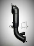 A top vertical view of Ceramic Thermal Coated Black Finish Evolution Raceworks Competition Series 4" Catless Downpipe for the 2.0L Giulia / Stelvio with a white background