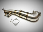 A top horizontal view of Brushed Evolution Raceworks Sports Series 4" Metallic High Flow Downpipe for the 2.0L Giulia / Stelvio with a white background