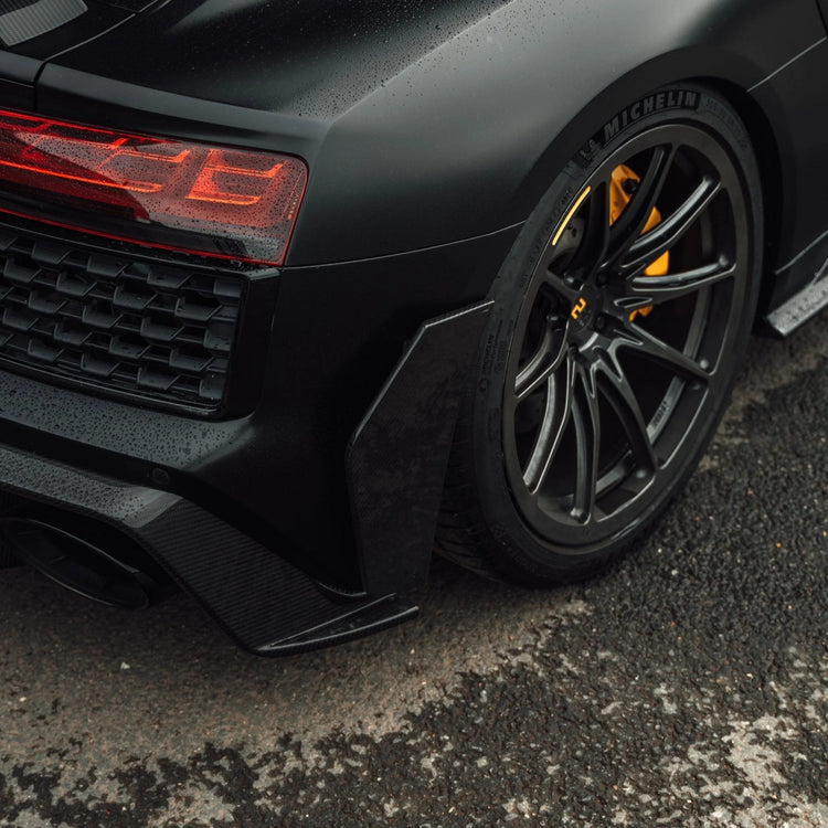 close view of TRE Pre-Preg Carbon Fibre Rear Bumper Canards for Audi R8 4S Facelift 2016-2024 fitted inside a car