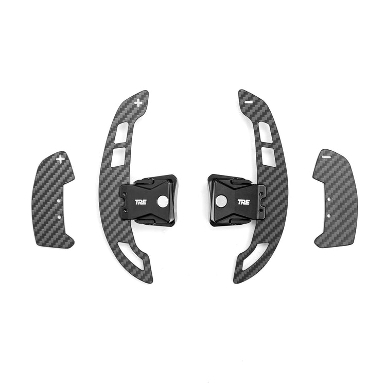 wide view of TRE Pre-Preg Carbon Fibre Magnetic Shift Paddle Set for Audi R8 4S 2016–2024 with white background