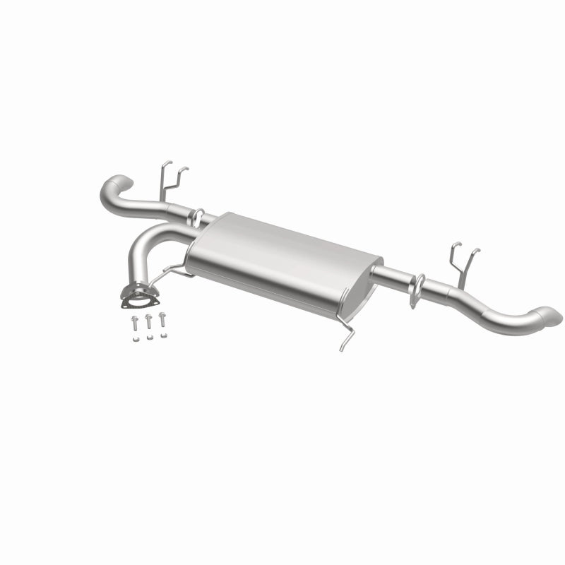 BRExhaust 108-0021 muffler, opposite front three-quarter view of the turntable spin