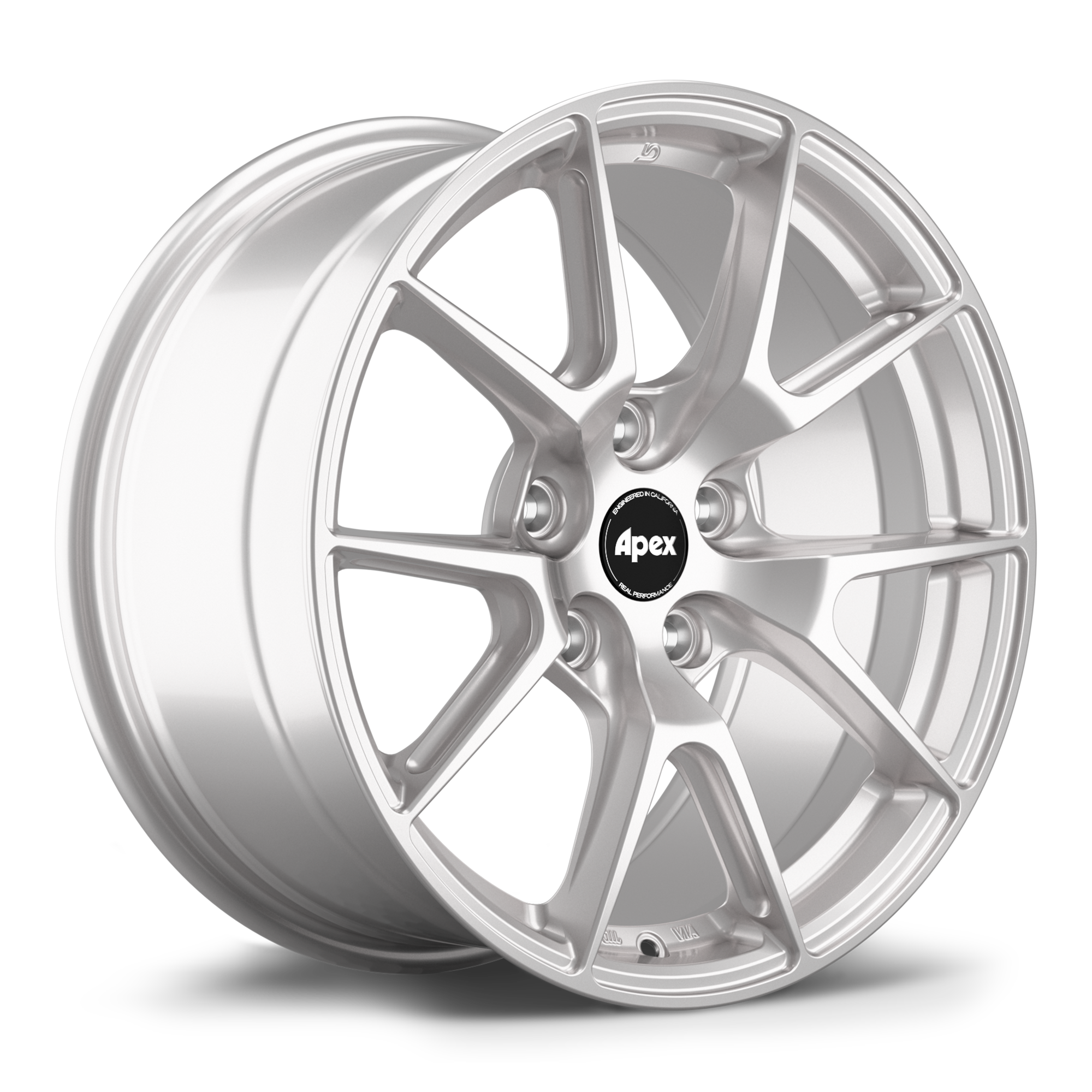 Silver alloy wheel with ten-spoke design and black center cap on clean white background - APEX Wheels wheel for 17x9 ET42 5x112 - Race Silver