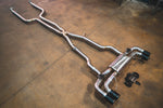 BMW G30 M550i Valvetronic exhaust: angled view of the system on the shop floor