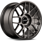 Two gunmetal alloy wheels with multi-spoke design and black center cap positioned on white background - APEX Wheels wheel for 17x9 ET52 5x120 - Anthracite