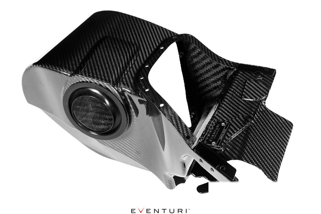 Carbon fiber air intake system with curved ducting and circular inlet opening on white background - Eventuri air intake for Honda Civic Type R